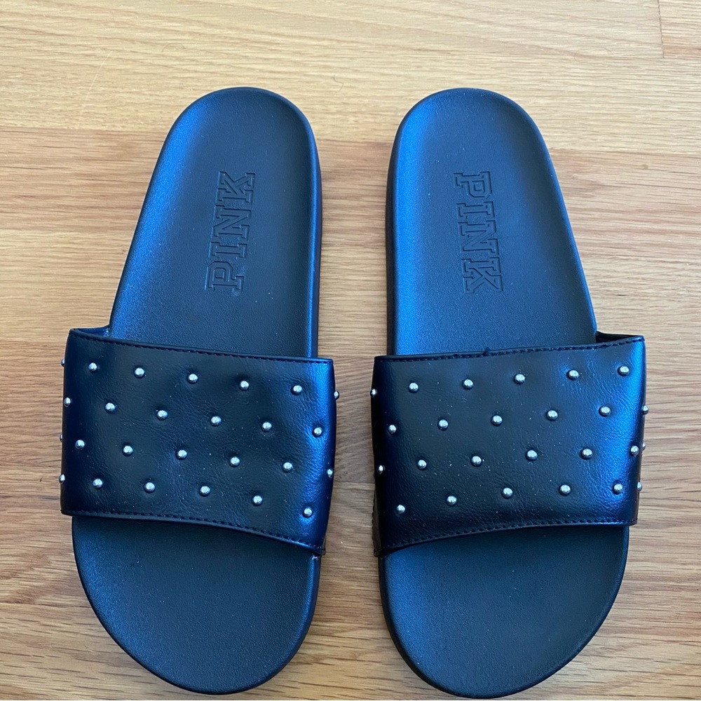 VS PINK Victoria’s Secret studded black slide sandals